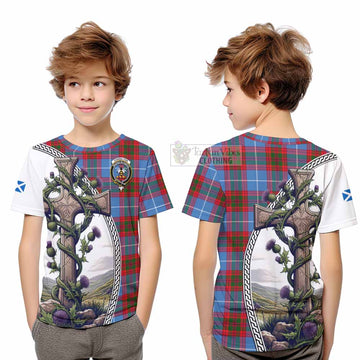 Congilton Tartan Kid T-Shirt with Family Crest and St. Andrew's Cross Accented by Thistle Vines