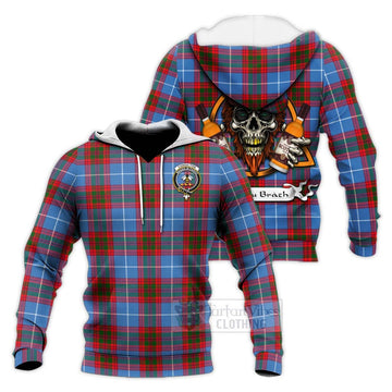 Congilton Tartan Knitted Hoodie with Family Crest and Bearded Skull Holding Bottles of Whiskey