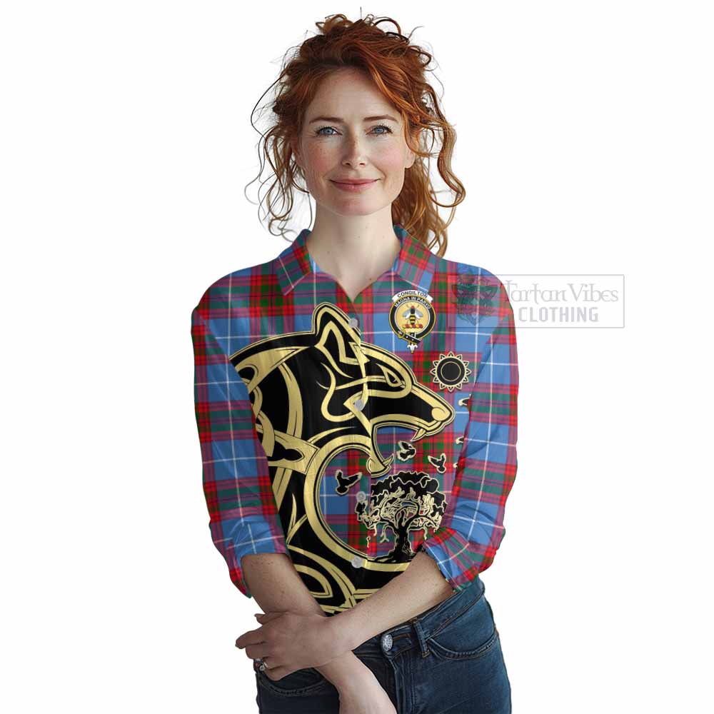 Tartan Vibes Clothing Congilton Tartan Women's Casual Shirt with Family Crest Celtic Wolf Style