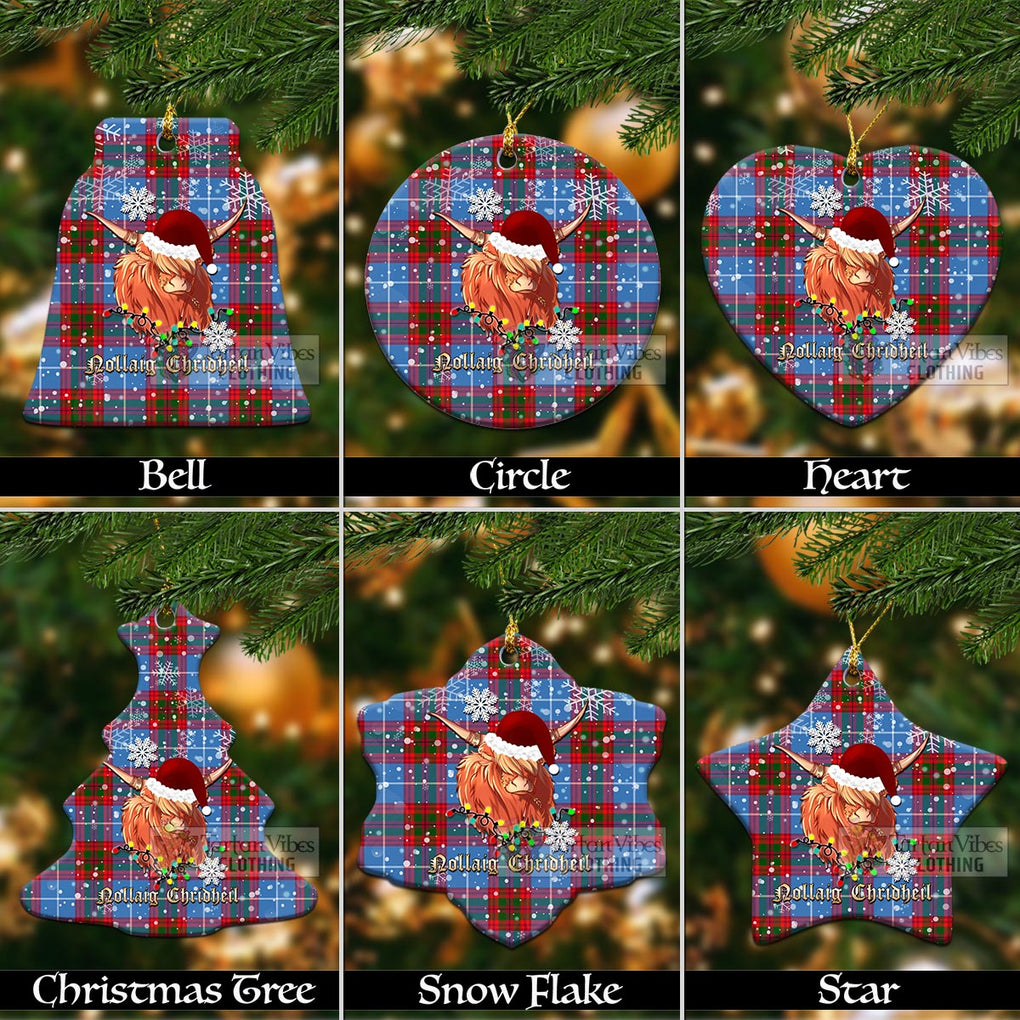 Tartan Vibes Clothing Congilton Clan Tartan Ornament with Christmas Twinkle Highland Cattle