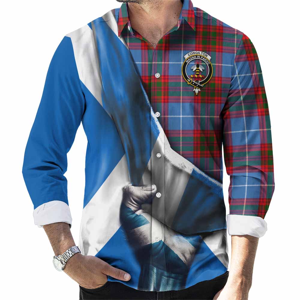 Tartan Vibes Clothing Congilton Tartan Long Sleeve Button Shirt with Family Crest Scotland Patriotic Style