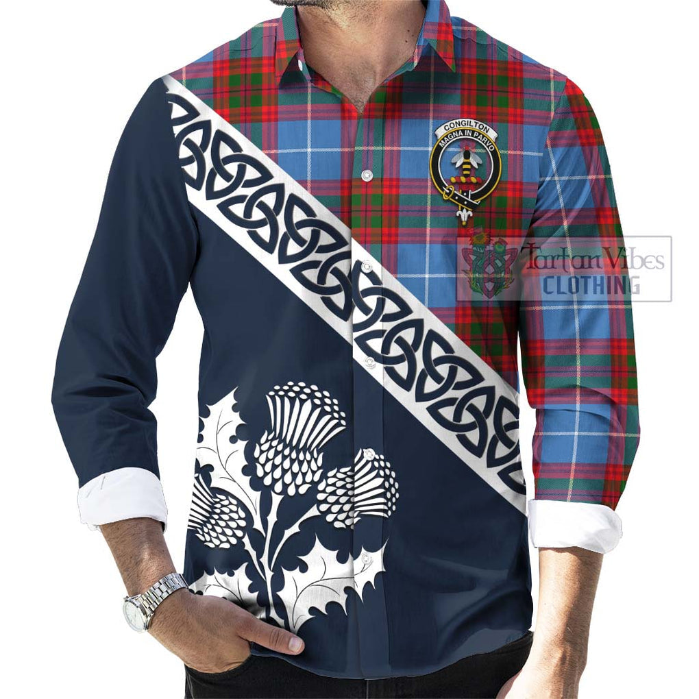 Tartan Vibes Clothing Congilton Tartan Long Sleeve Button Shirt Featuring Thistle and Scotland Map