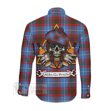 Congilton Tartan Long Sleeve Button Shirt with Family Crest and Bearded Skull Holding Bottles of Whiskey