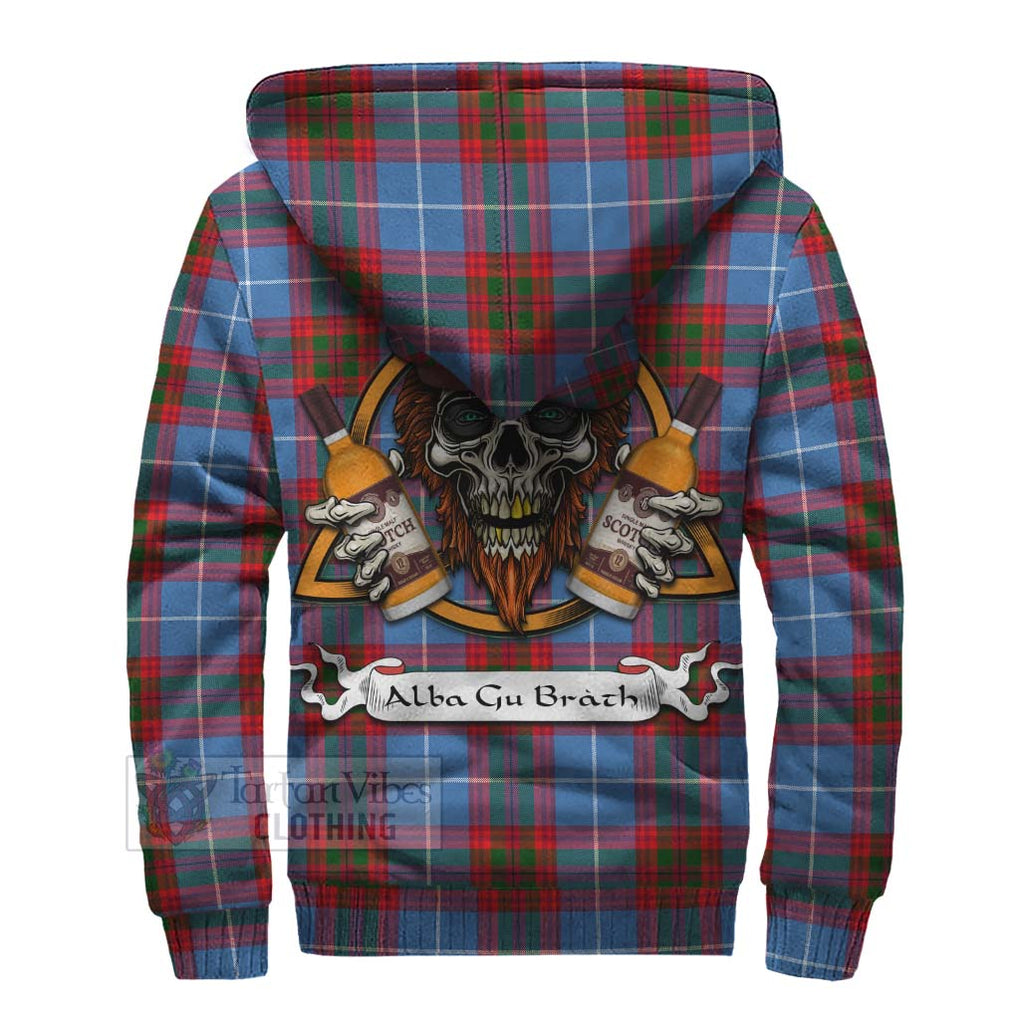 Tartan Vibes Clothing Congilton Tartan Sherpa Hoodie with Family Crest and Bearded Skull Holding Bottles of Whiskey