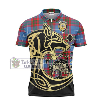 Congilton Tartan Zipper Polo Shirt with Family Crest Celtic Wolf Style