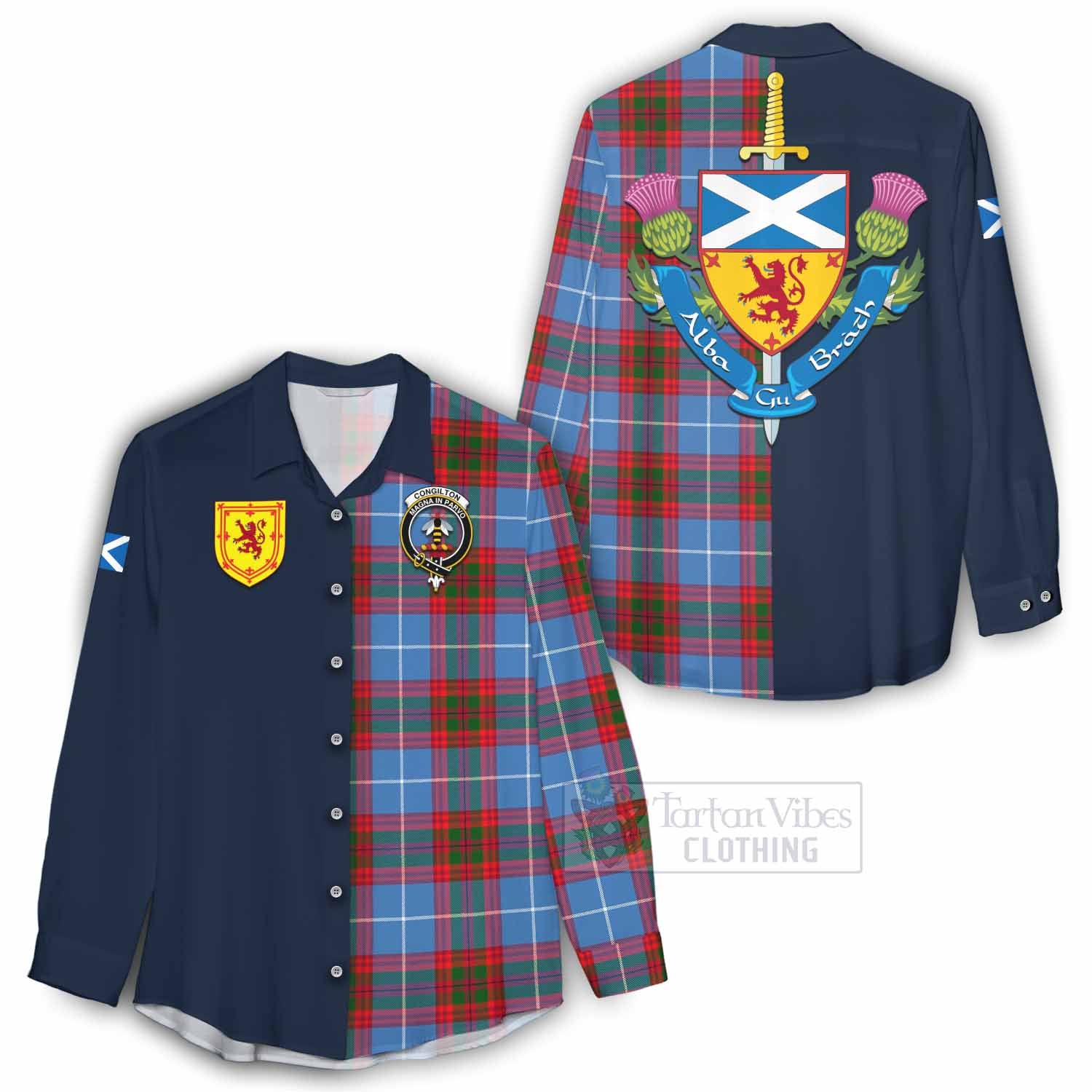 Tartan Vibes Clothing Congilton Tartan Women's Casual Shirt Alba with Scottish Lion Royal Arm Half Style