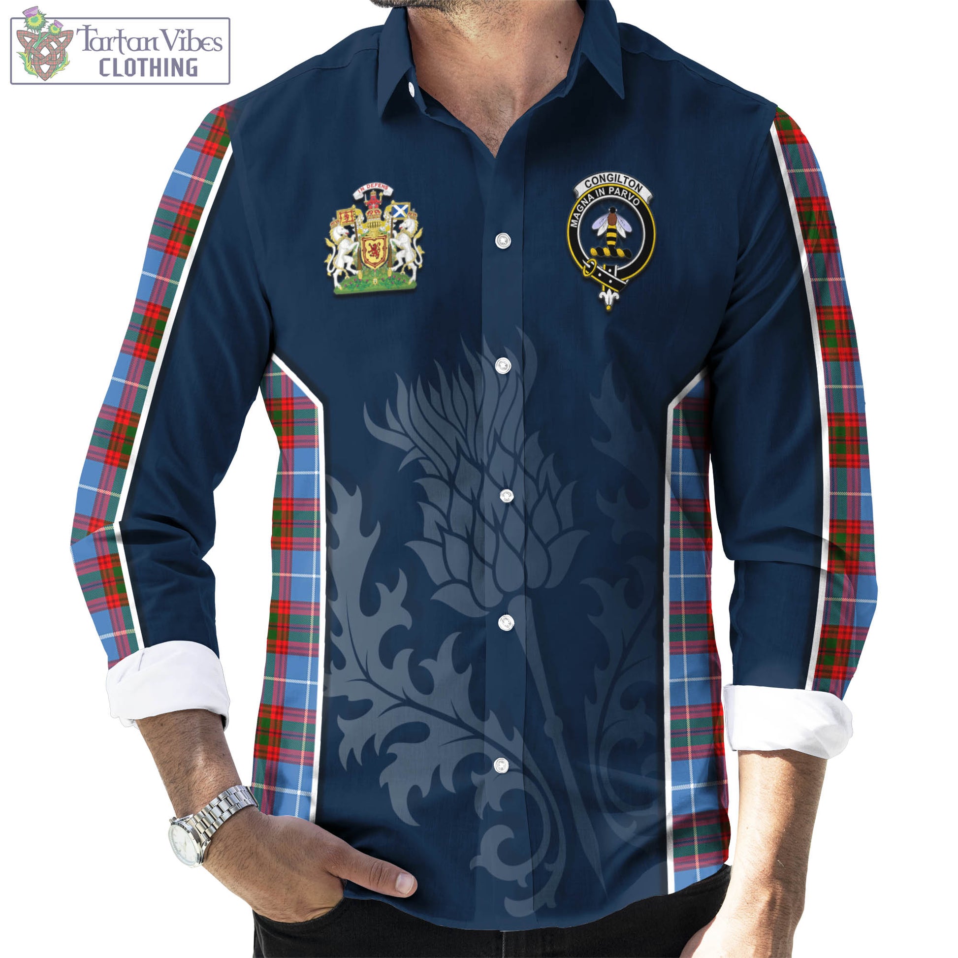 Tartan Vibes Clothing Congilton Tartan Long Sleeve Button Up Shirt with Family Crest and Scottish Thistle Vibes Sport Style