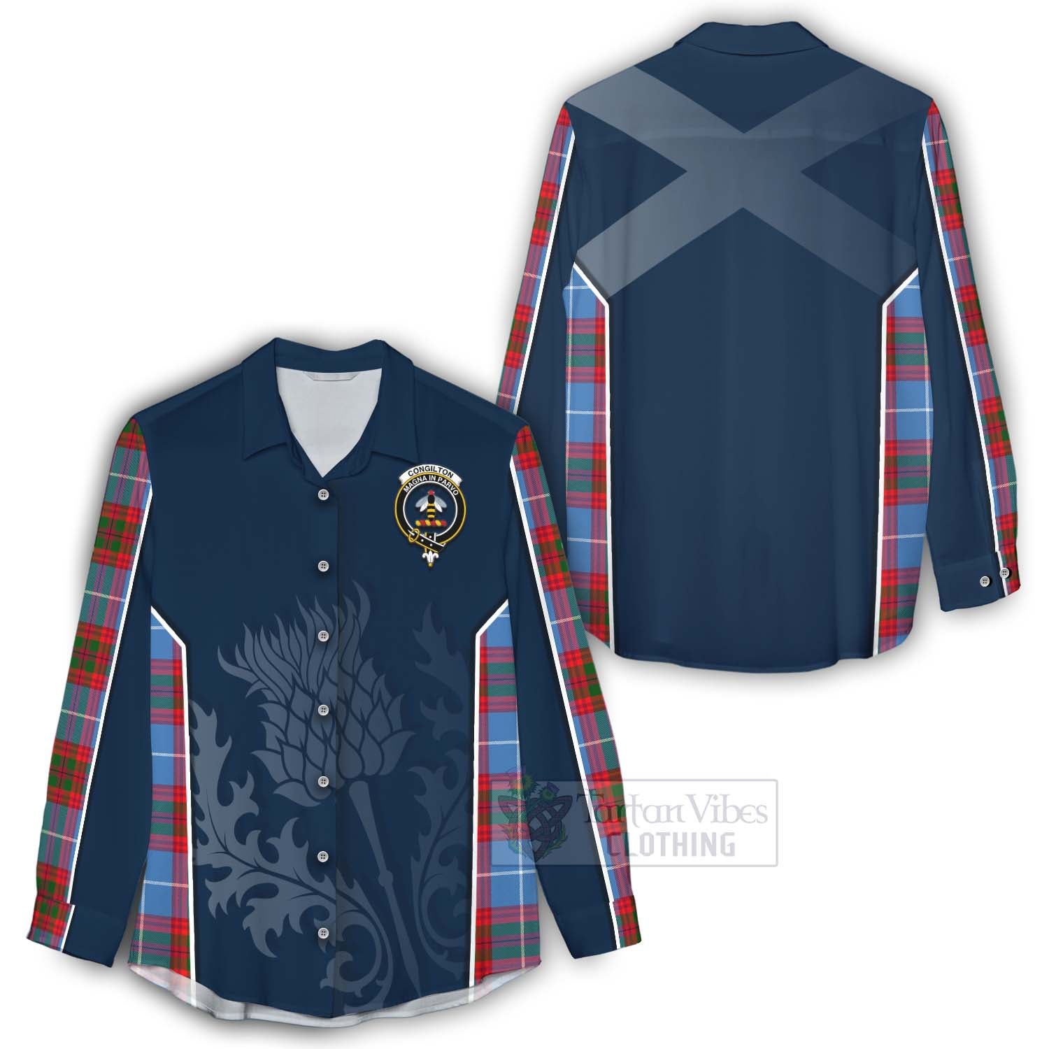 Tartan Vibes Clothing Congilton Tartan Women's Casual Shirt with Family Crest and Scottish Thistle Vibes Sport Style