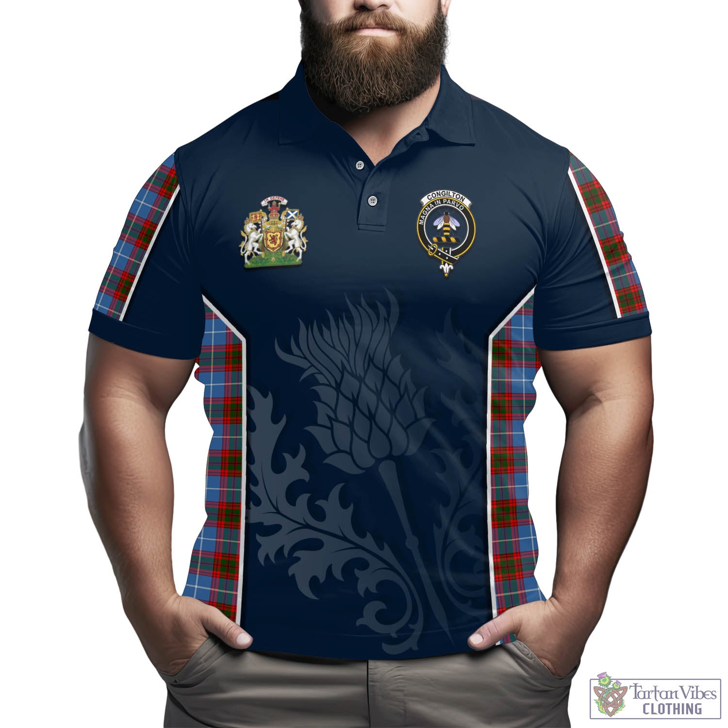 Tartan Vibes Clothing Congilton Tartan Men's Polo Shirt with Family Crest and Scottish Thistle Vibes Sport Style