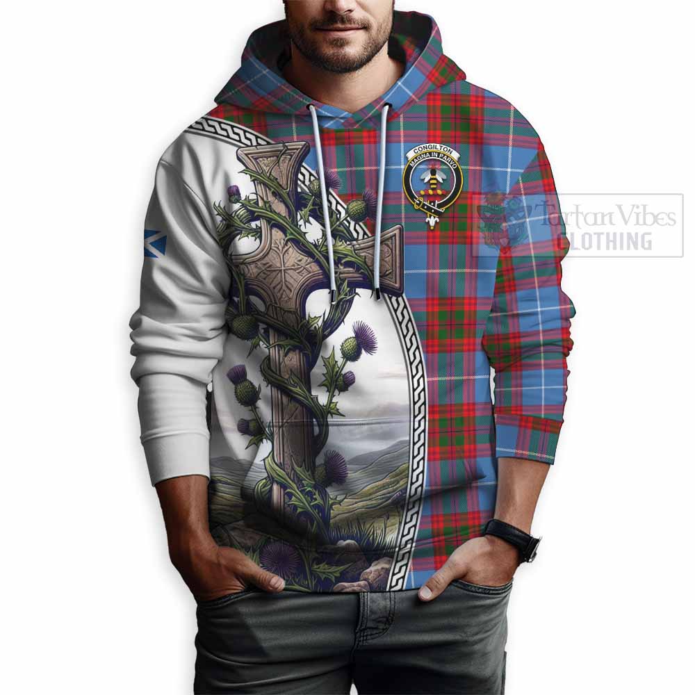 Tartan Vibes Clothing Congilton Tartan Hoodie with Family Crest and St. Andrew's Cross Accented by Thistle Vines