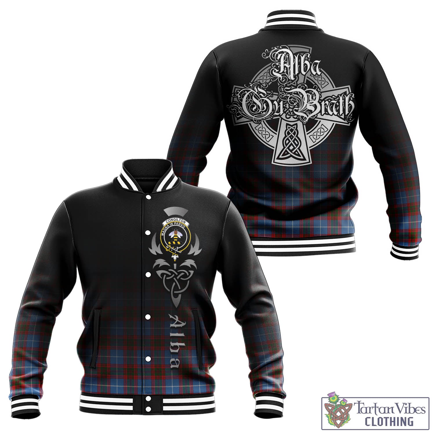 Tartan Vibes Clothing Congilton Tartan Baseball Jacket Featuring Alba Gu Brath Family Crest Celtic Inspired