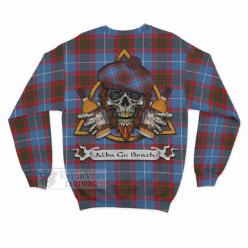 Congilton Tartan Sweatshirt with Family Crest and Bearded Skull Holding Bottles of Whiskey