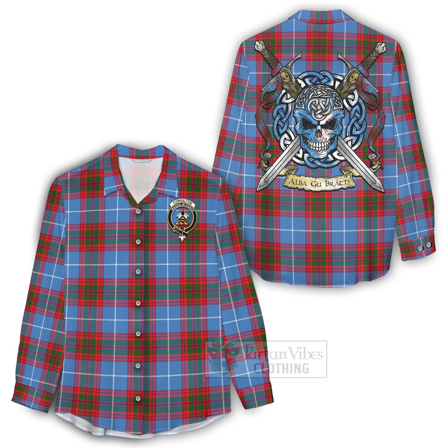 Tartan Vibes Clothing Congilton Tartan Women's Casual Shirt with Family Crest Celtic Skull Style