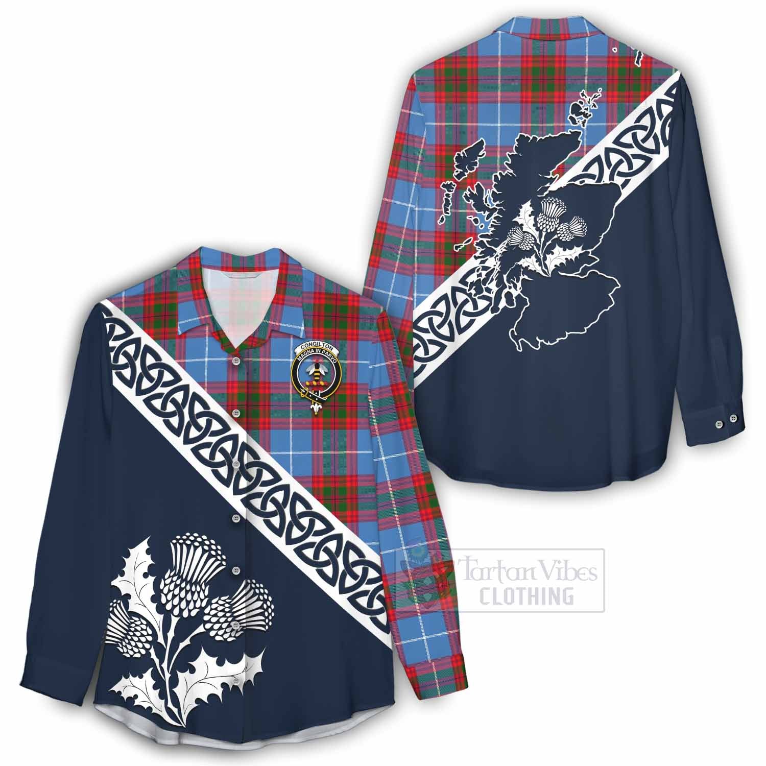 Tartan Vibes Clothing Congilton Tartan Women's Casual Shirt Featuring Thistle and Scotland Map