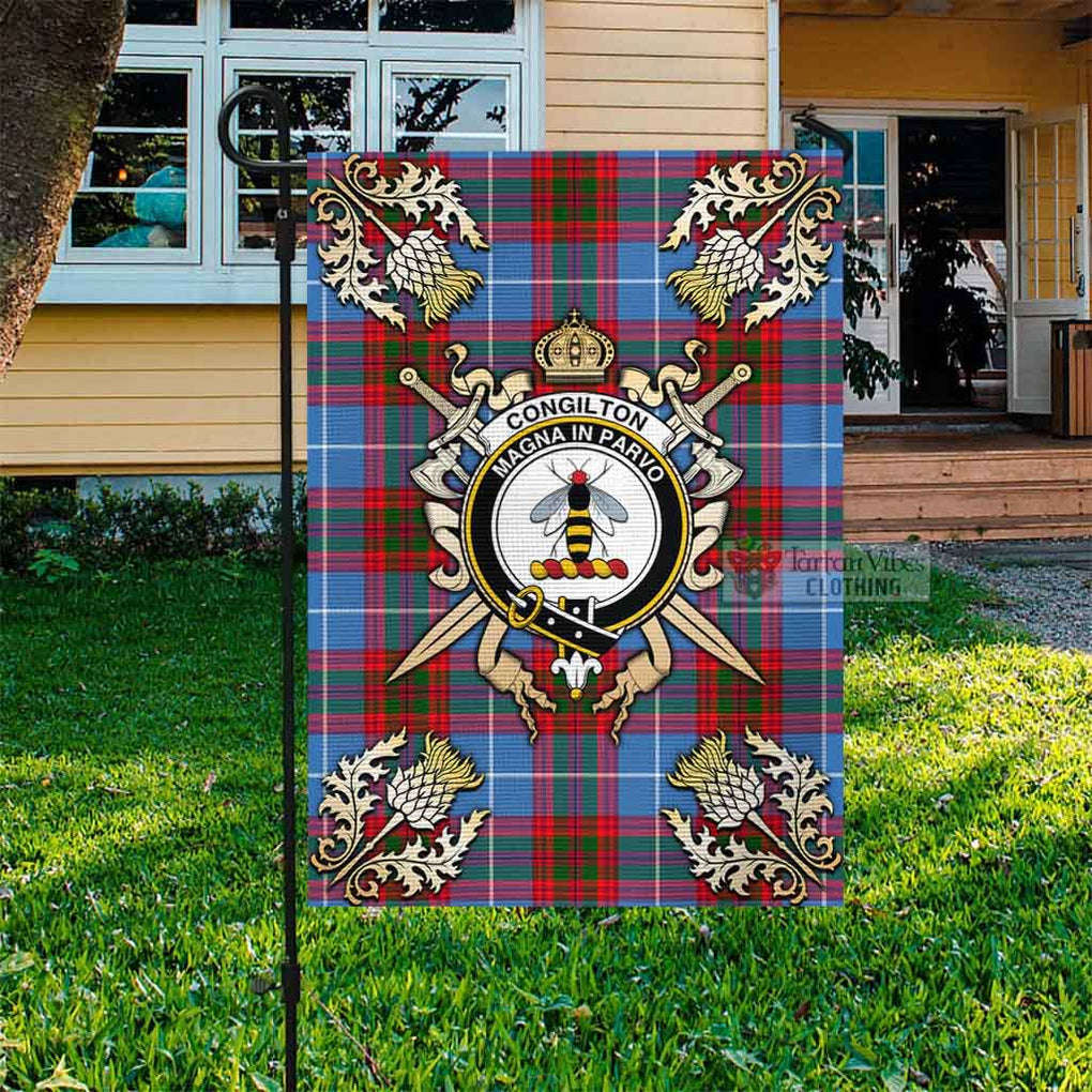 Tartan Vibes Clothing Congilton Tartan Flag with Family Crest and Golden Thistle Crossed Sword Design