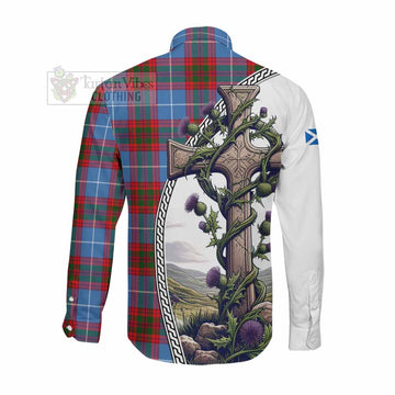 Congilton Tartan Long Sleeve Button Shirt with Family Crest and St. Andrew's Cross Accented by Thistle Vines