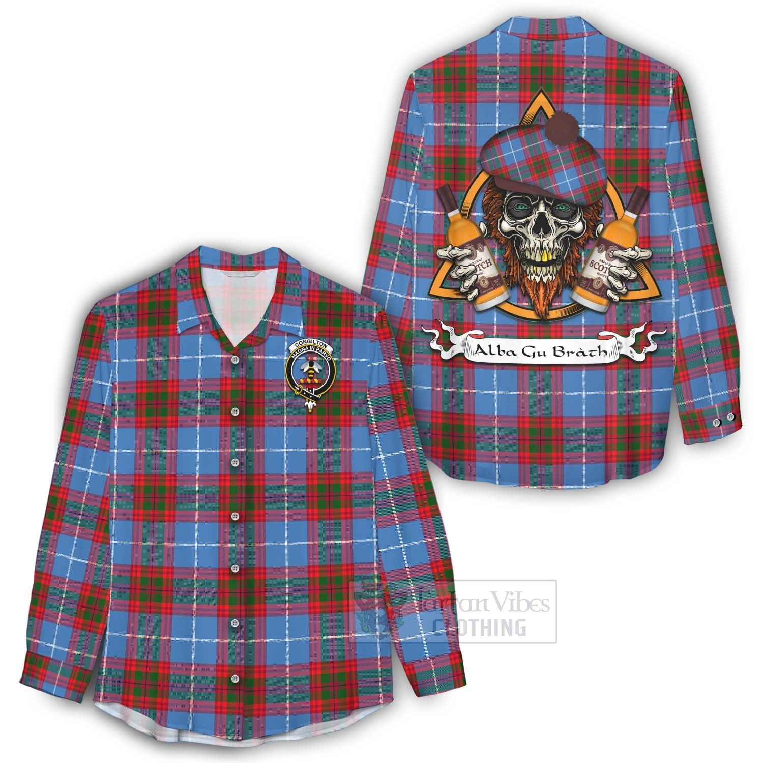 Tartan Vibes Clothing Congilton Tartan Women's Casual Shirt with Family Crest and Bearded Skull Holding Bottles of Whiskey