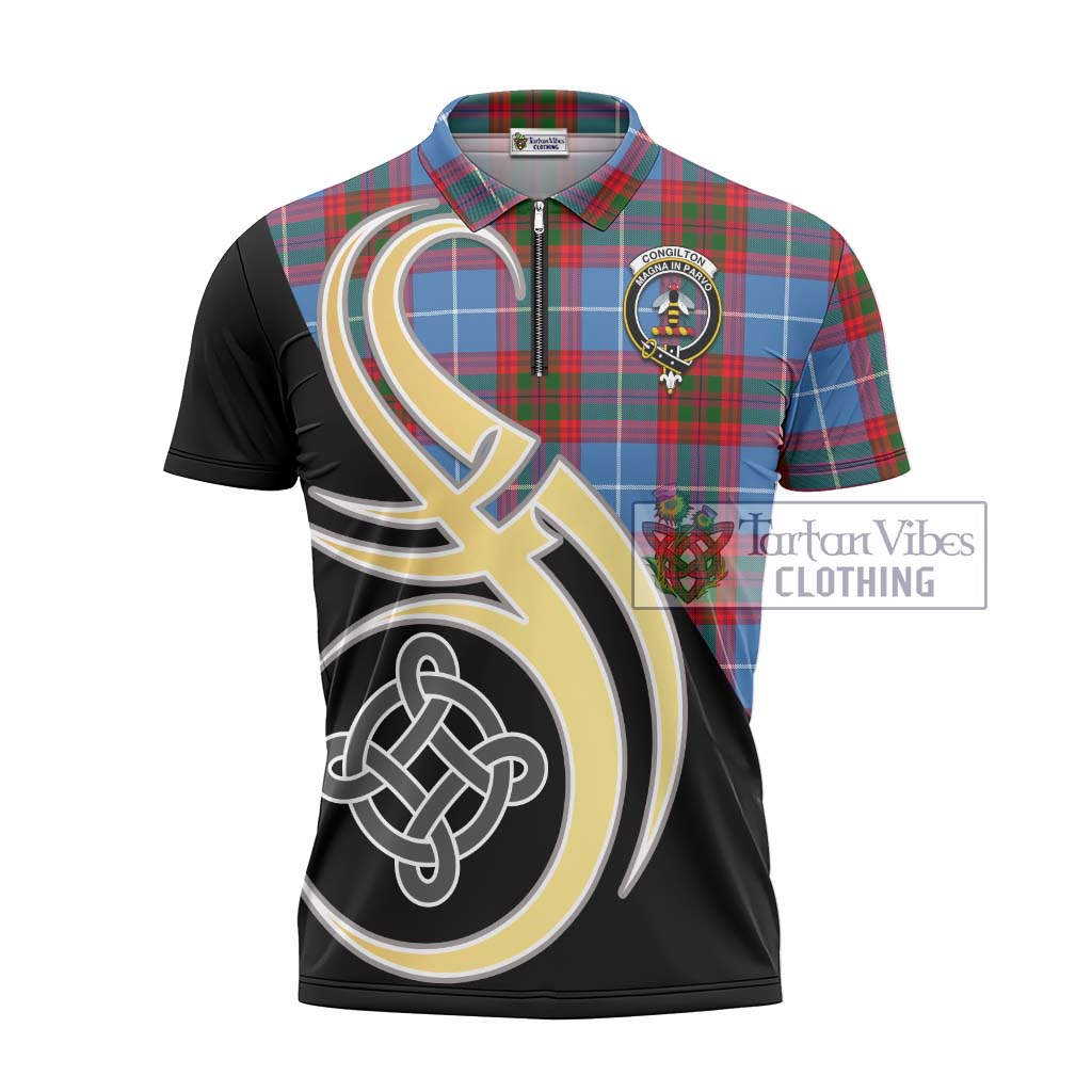 Tartan Vibes Clothing Congilton Tartan Zipper Polo Shirt with Family Crest and Celtic Symbol Style