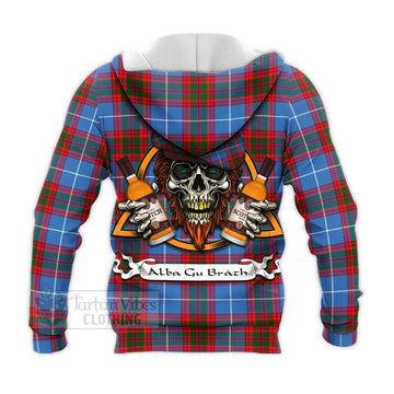 Congilton Tartan Knitted Hoodie with Family Crest and Bearded Skull Holding Bottles of Whiskey