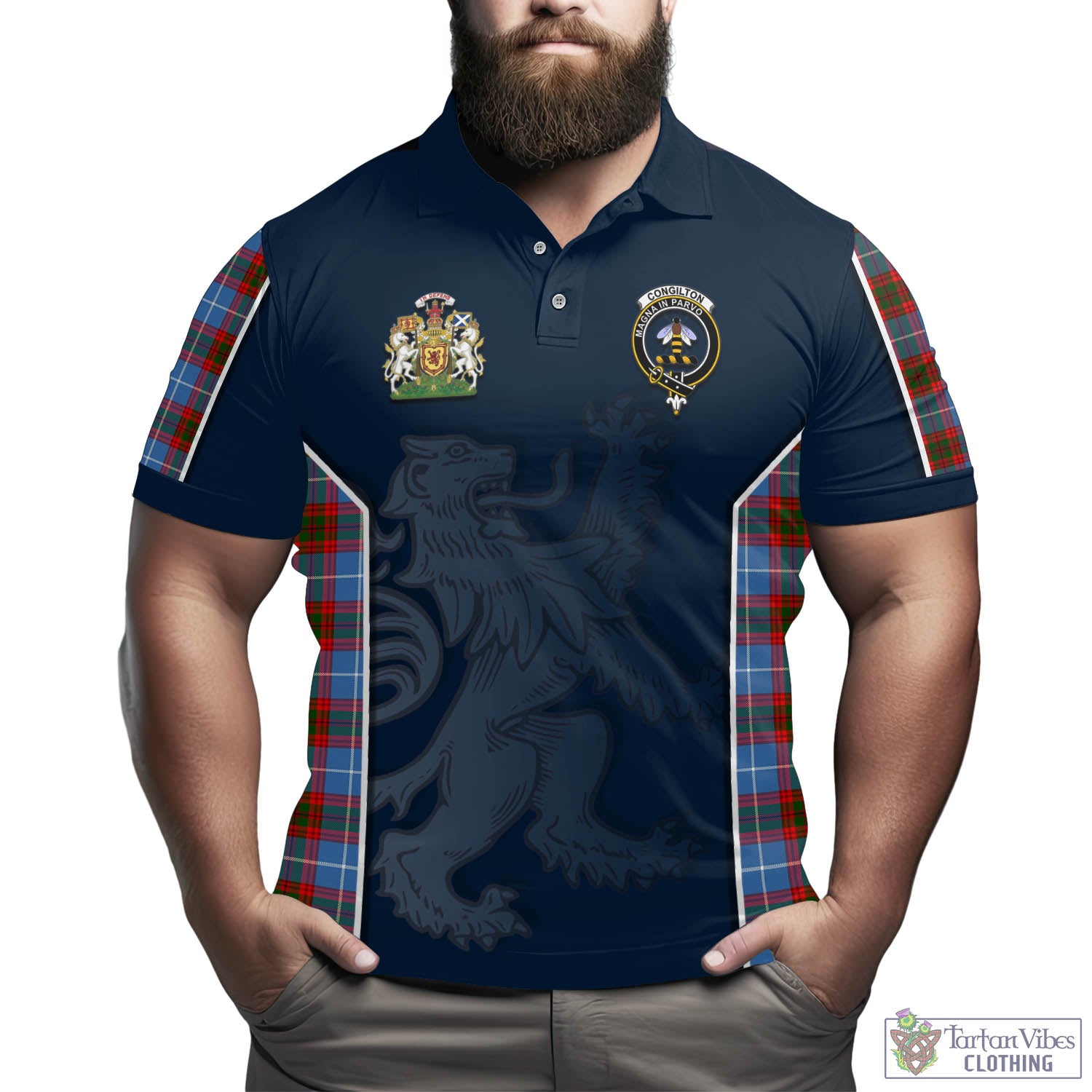 Tartan Vibes Clothing Congilton Tartan Men's Polo Shirt with Family Crest and Lion Rampant Vibes Sport Style