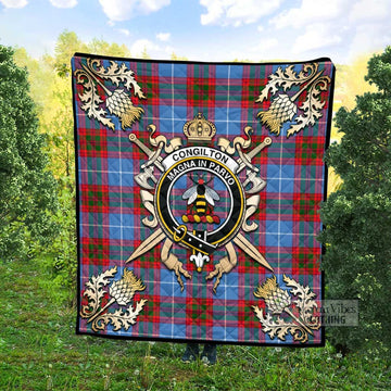 Congilton Tartan Quilt with Family Crest and Golden Thistle Crossed Sword Design