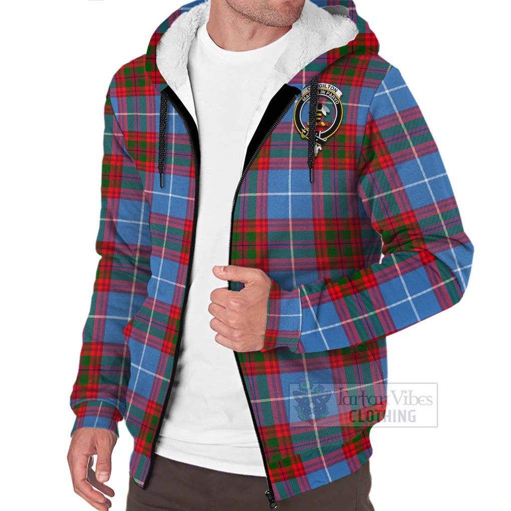 Tartan Vibes Clothing Congilton Tartan Sherpa Hoodie with Family Crest and Bearded Skull Holding Bottles of Whiskey