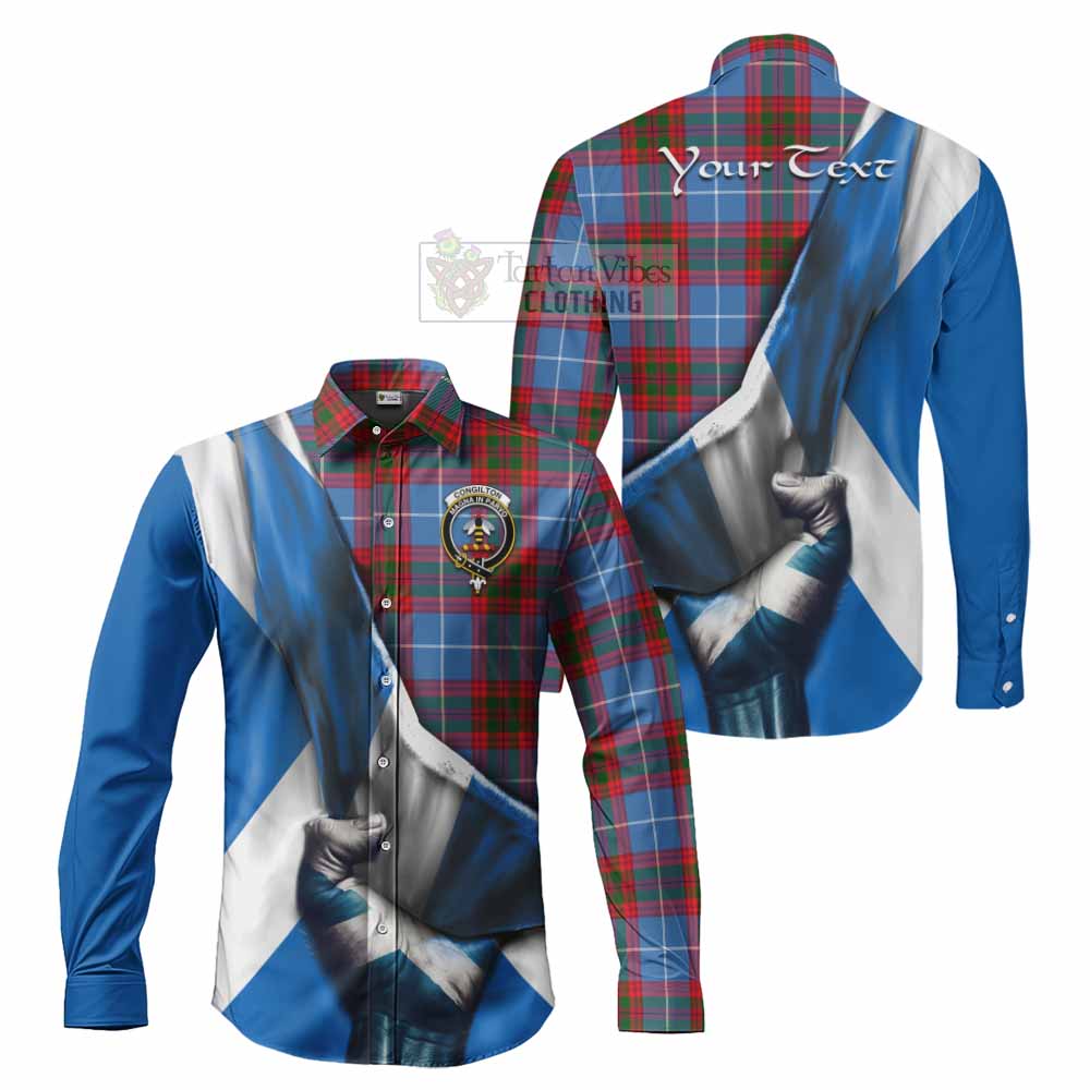 Tartan Vibes Clothing Congilton Tartan Long Sleeve Button Shirt with Family Crest Scotland Patriotic Style