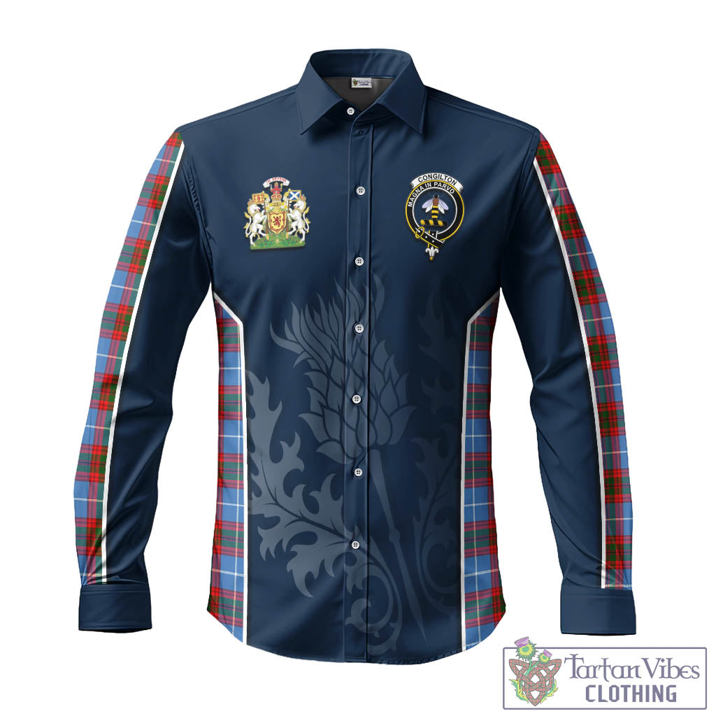 Tartan Vibes Clothing Congilton Tartan Long Sleeve Button Up Shirt with Family Crest and Scottish Thistle Vibes Sport Style