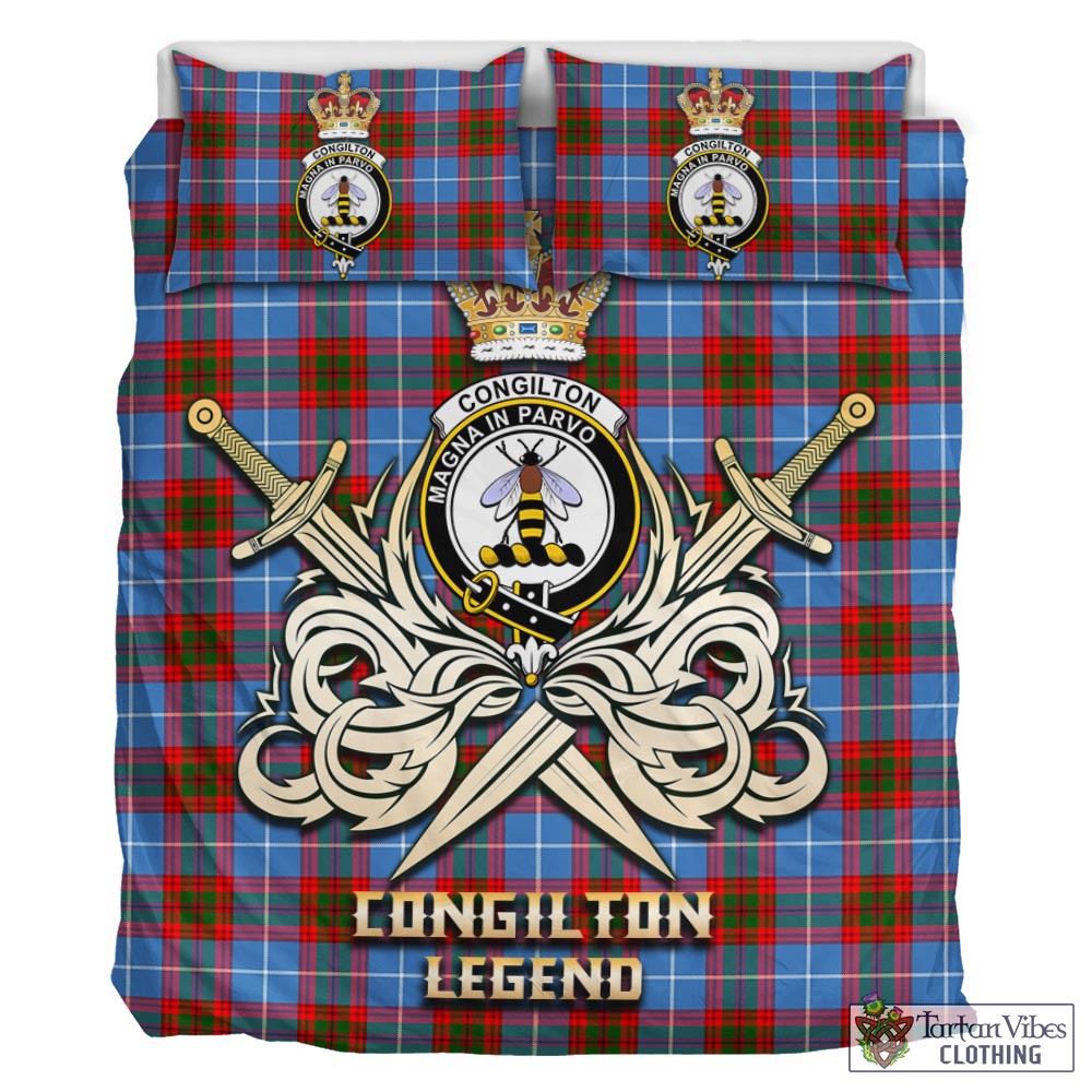 Tartan Vibes Clothing Congilton Tartan Bedding Set with Clan Crest and the Golden Sword of Courageous Legacy