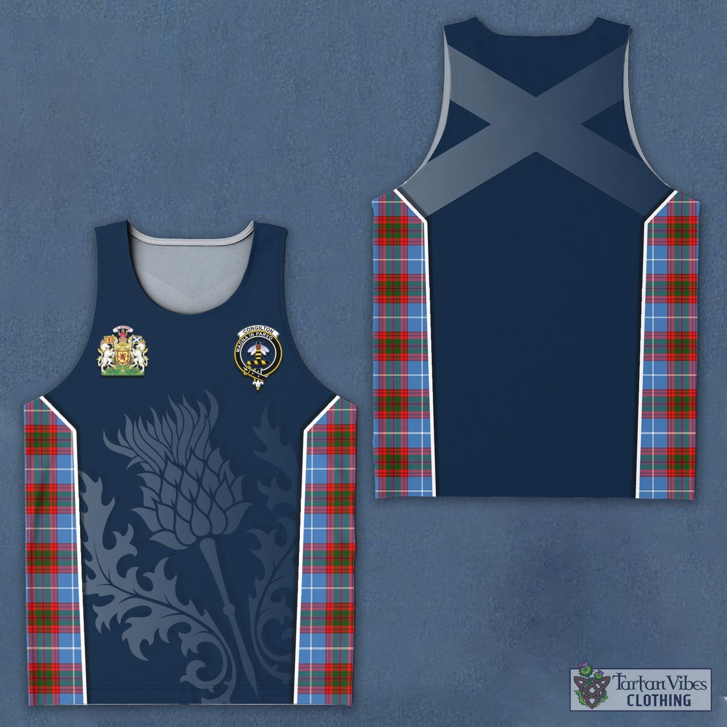 Tartan Vibes Clothing Congilton Tartan Men's Tanks Top with Family Crest and Scottish Thistle Vibes Sport Style