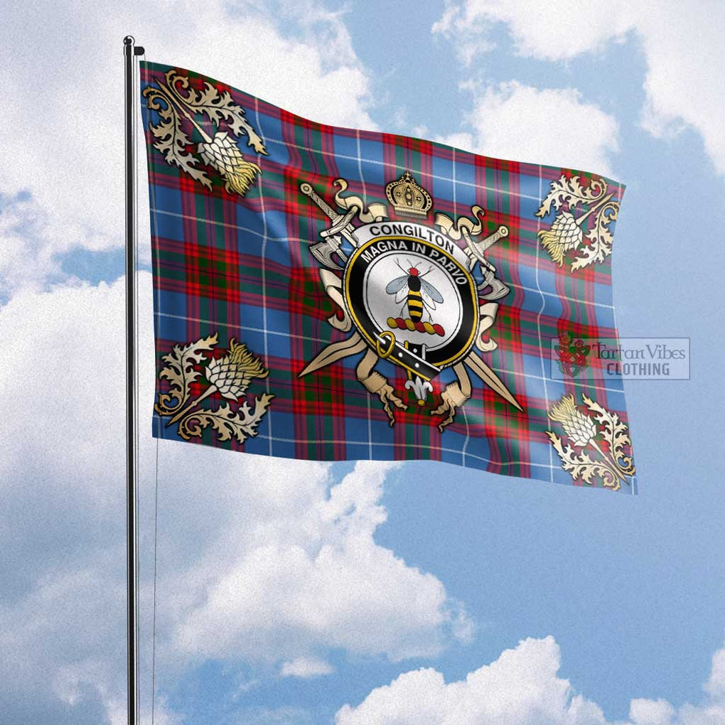 Tartan Vibes Clothing Congilton Tartan Flag with Family Crest and Golden Thistle Crossed Sword Design