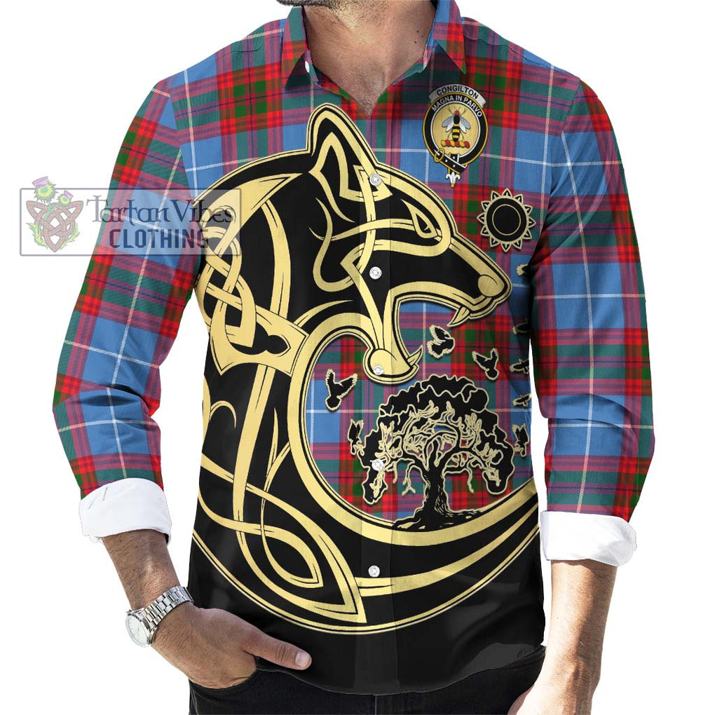 Congilton Tartan Long Sleeve Button Shirt with Family Crest Celtic Wolf Style - Tartan Vibes Clothing