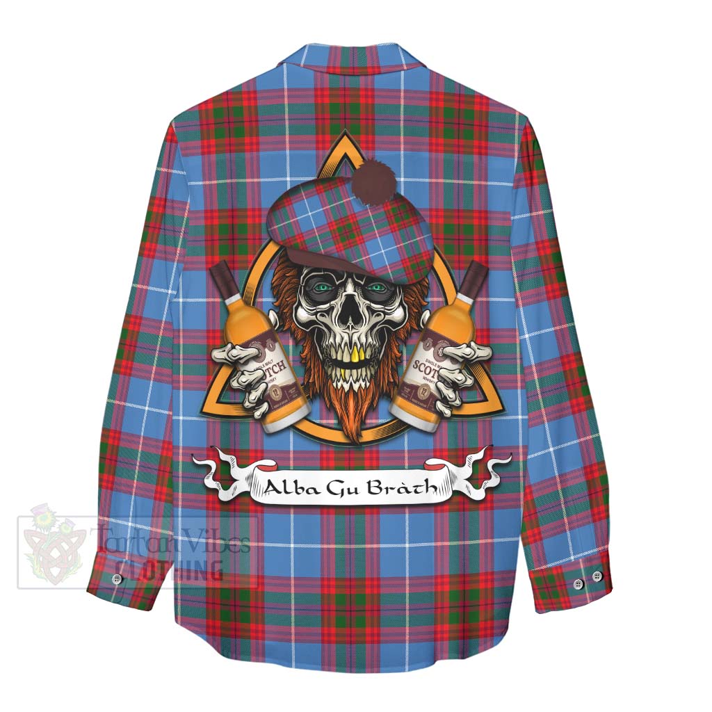 Tartan Vibes Clothing Congilton Tartan Women's Casual Shirt with Family Crest and Bearded Skull Holding Bottles of Whiskey