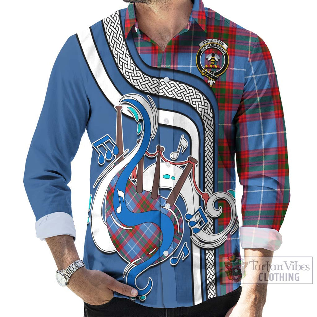 Congilton Tartan Long Sleeve Button Shirt with Epic Bagpipe Style - Tartanvibesclothing Shop