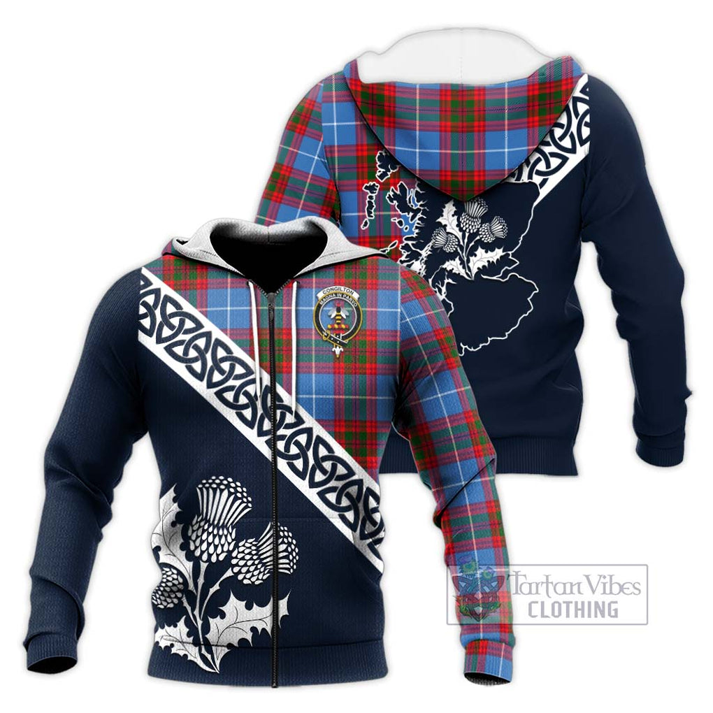 Tartan Vibes Clothing Congilton Tartan Knitted Hoodie Featuring Thistle and Scotland Map