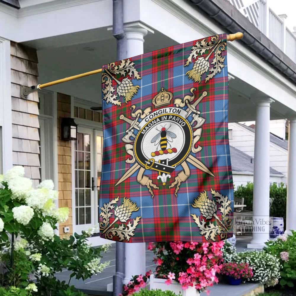 Tartan Vibes Clothing Congilton Tartan Flag with Family Crest and Golden Thistle Crossed Sword Design