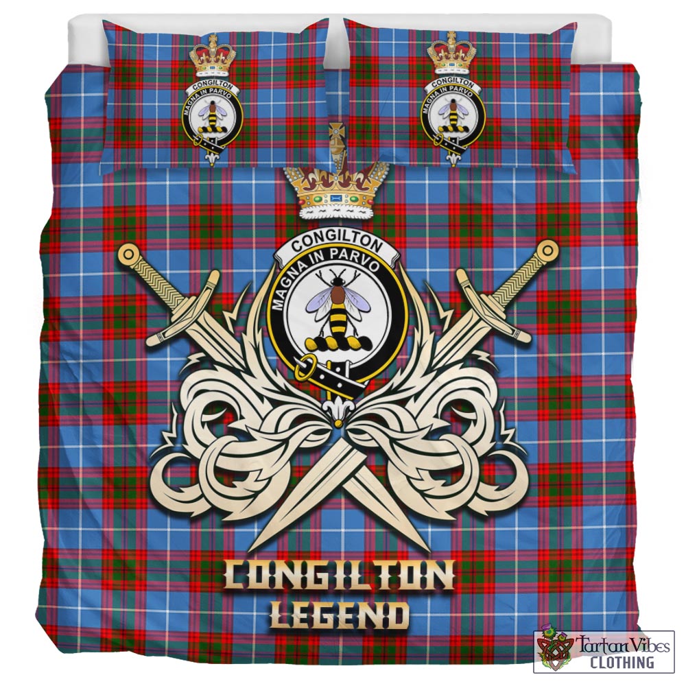 Tartan Vibes Clothing Congilton Tartan Bedding Set with Clan Crest and the Golden Sword of Courageous Legacy