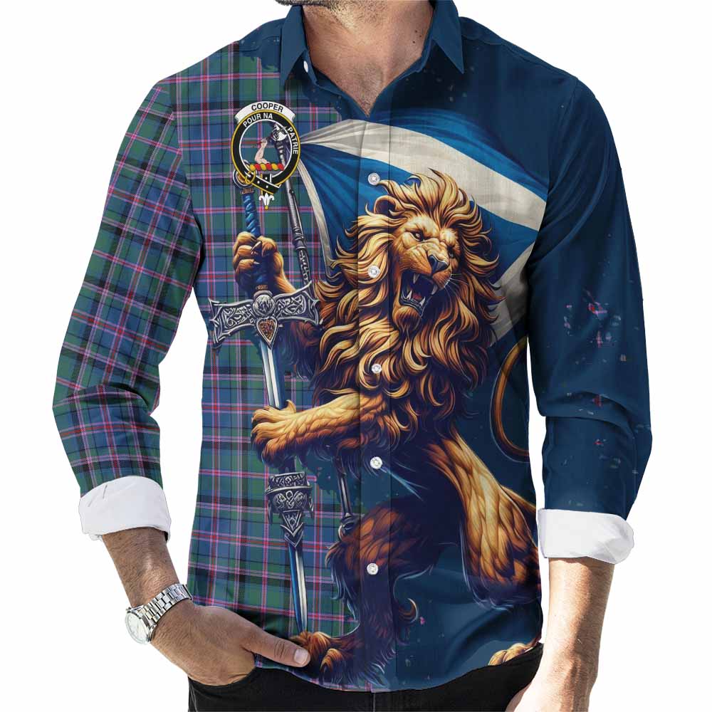 Cooper Tartan Family Crest Long Sleeve Button Shirt with Scottish Majestic Lion Men's Shirt S - Tartan Vibes Clothing