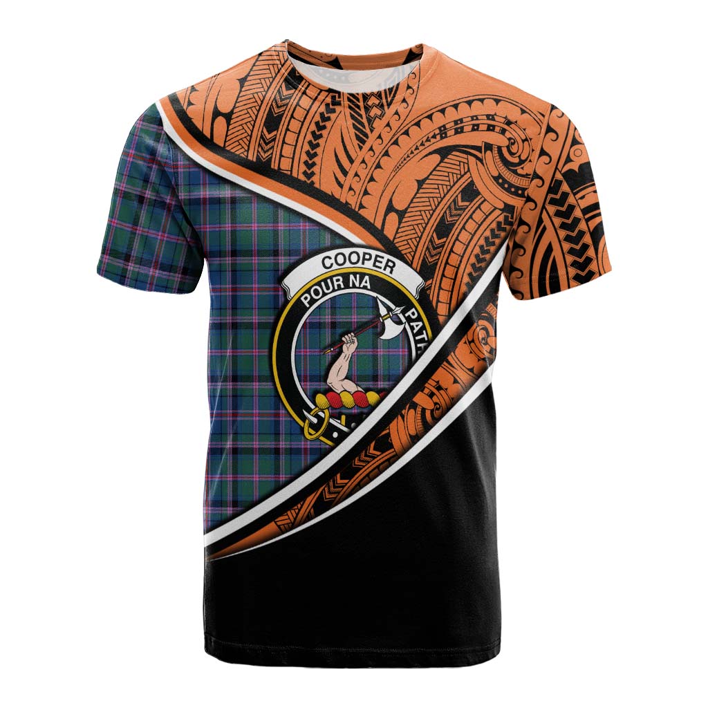 Tartan Vibes Clothing Cooper Crest Tartan Cotton T-shirt with Maori Tattoo Style - Orange Version