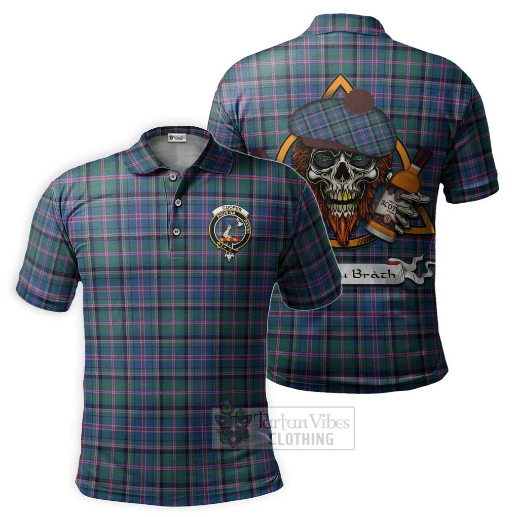 Tartan Vibes Clothing Cooper Tartan Polo Shirt with Family Crest and Bearded Skull Holding Bottles of Whiskey