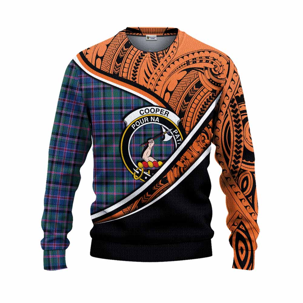 Tartan Vibes Clothing Cooper Crest Tartan Knitted Sweater with Maori Tattoo Style - Orange Version