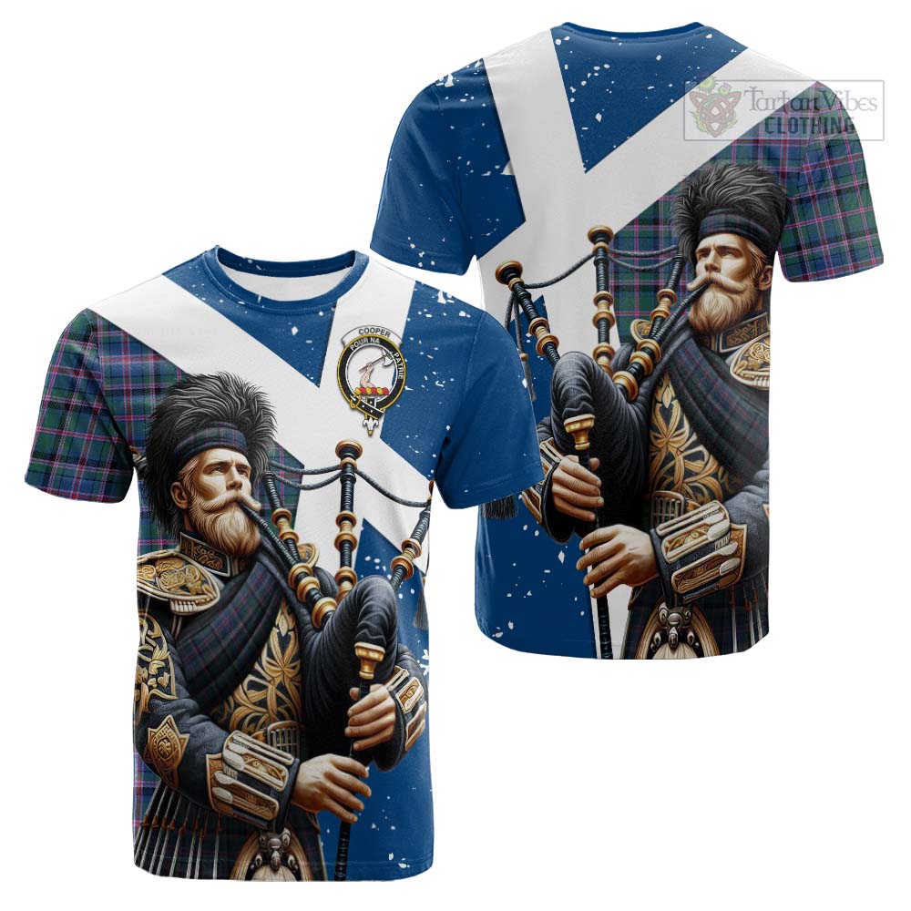 Tartan Vibes Clothing Cooper Tartan Cotton T-shirt with Family Crest Scottish Bagpiper Vibes