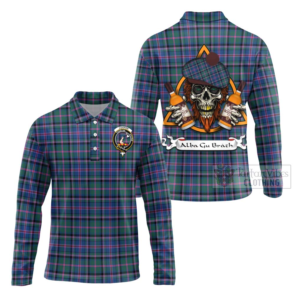 Tartan Vibes Clothing Cooper Tartan Long Sleeve Polo Shirt with Family Crest and Bearded Skull Holding Bottles of Whiskey