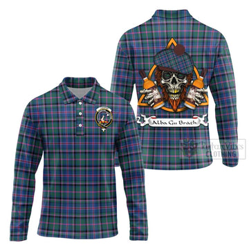 Cooper Tartan Long Sleeve Polo Shirt with Family Crest and Bearded Skull Holding Bottles of Whiskey