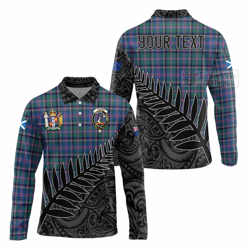 Tartan Vibes Clothing Cooper Crest Tartan Long Sleeve Polo Shirt with New Zealand Silver Fern Half Style