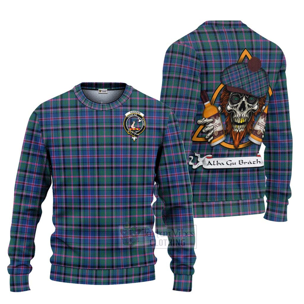 Tartan Vibes Clothing Cooper Tartan Knitted Sweater with Family Crest and Bearded Skull Holding Bottles of Whiskey