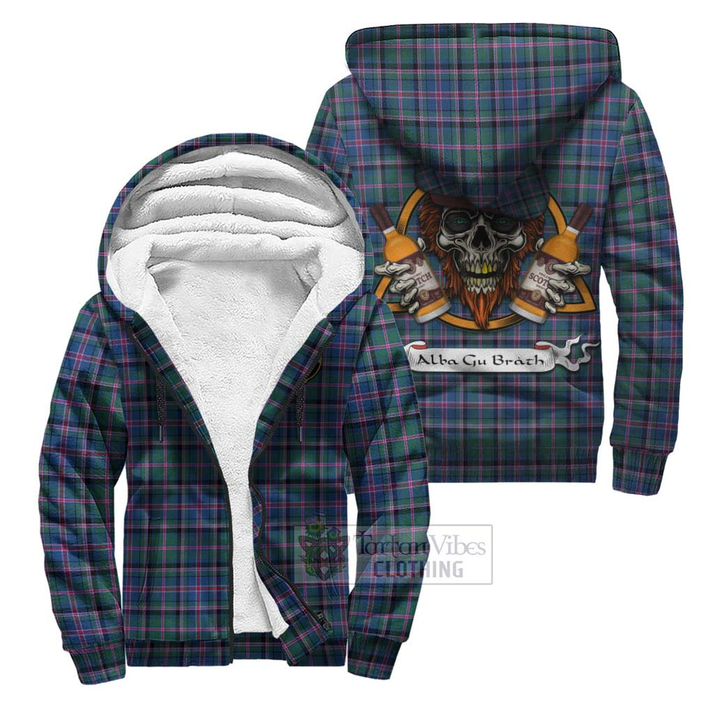 Tartan Vibes Clothing Cooper Tartan Sherpa Hoodie with Family Crest and Bearded Skull Holding Bottles of Whiskey