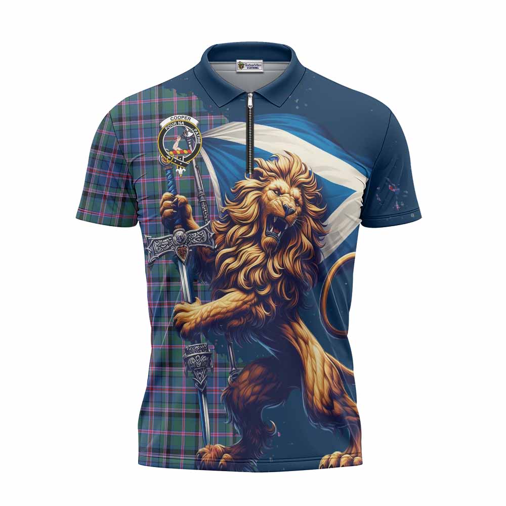 Tartan Vibes Clothing Cooper Tartan Family Crest Zipper Polo Shirt with Scottish Majestic Lion