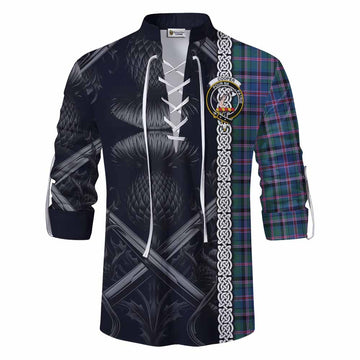 Cooper Tartan Ghillie Kilt Shirt with Family Crest Cross Sword Thistle Celtic Vibes