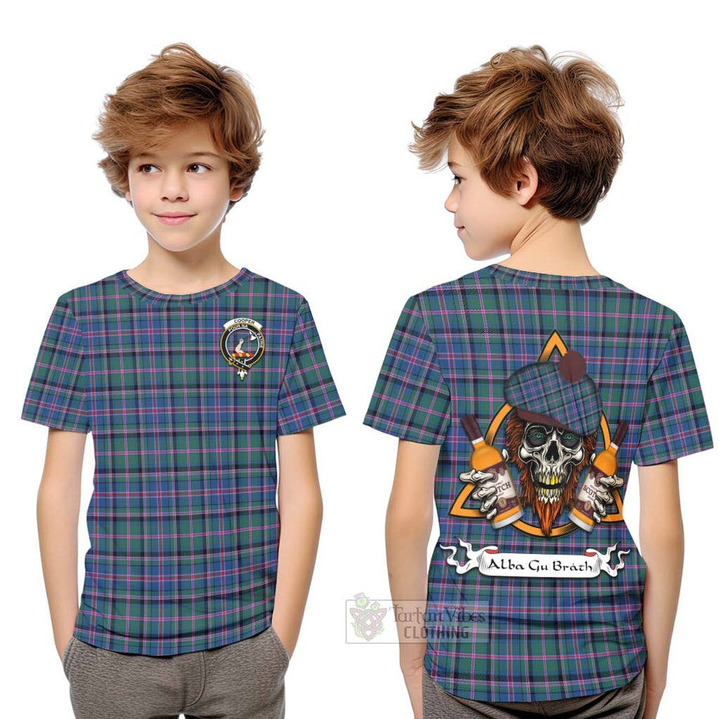 Tartan Vibes Clothing Cooper Tartan Kid T-Shirt with Family Crest and Bearded Skull Holding Bottles of Whiskey